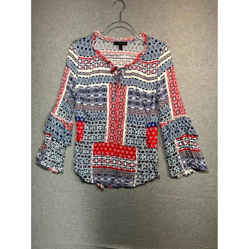 Tribal Tunic Top Bloouse Long Sleeve Boho Lightweight Pullover White Blue Small
